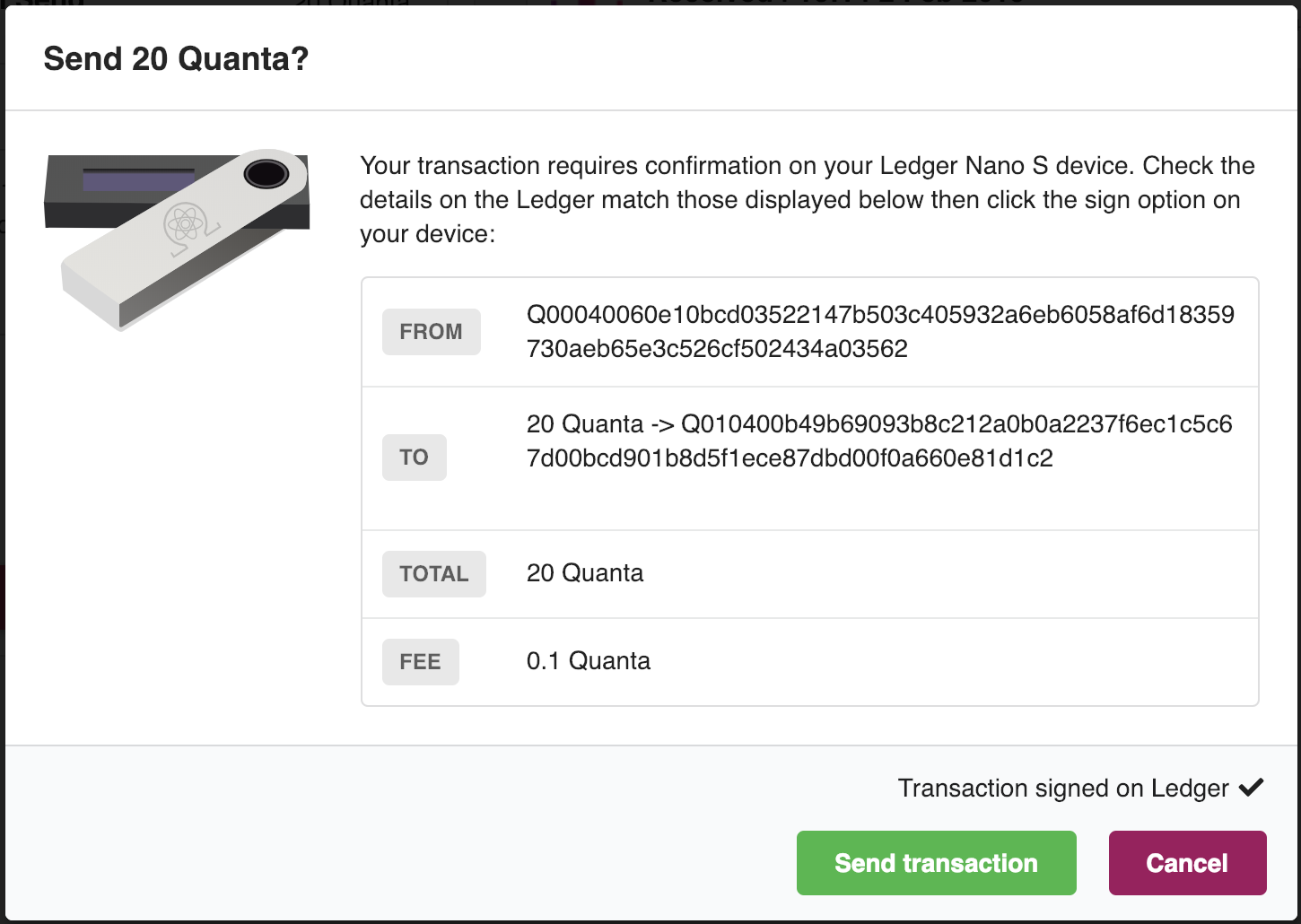 QRL Ledger Send Transaction